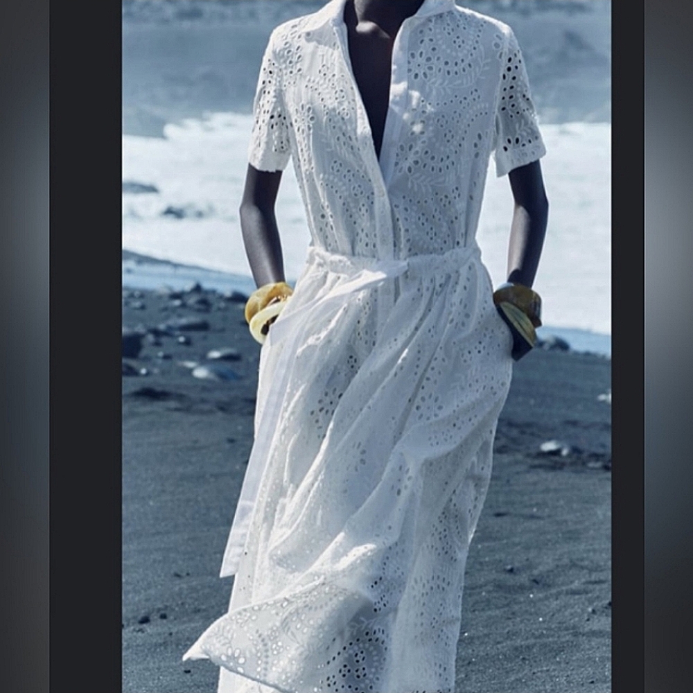 ZARA ZW COLLECTION WHITE EMBROIDERED EYELET SHIRT DRESS ✨️Size L✨️